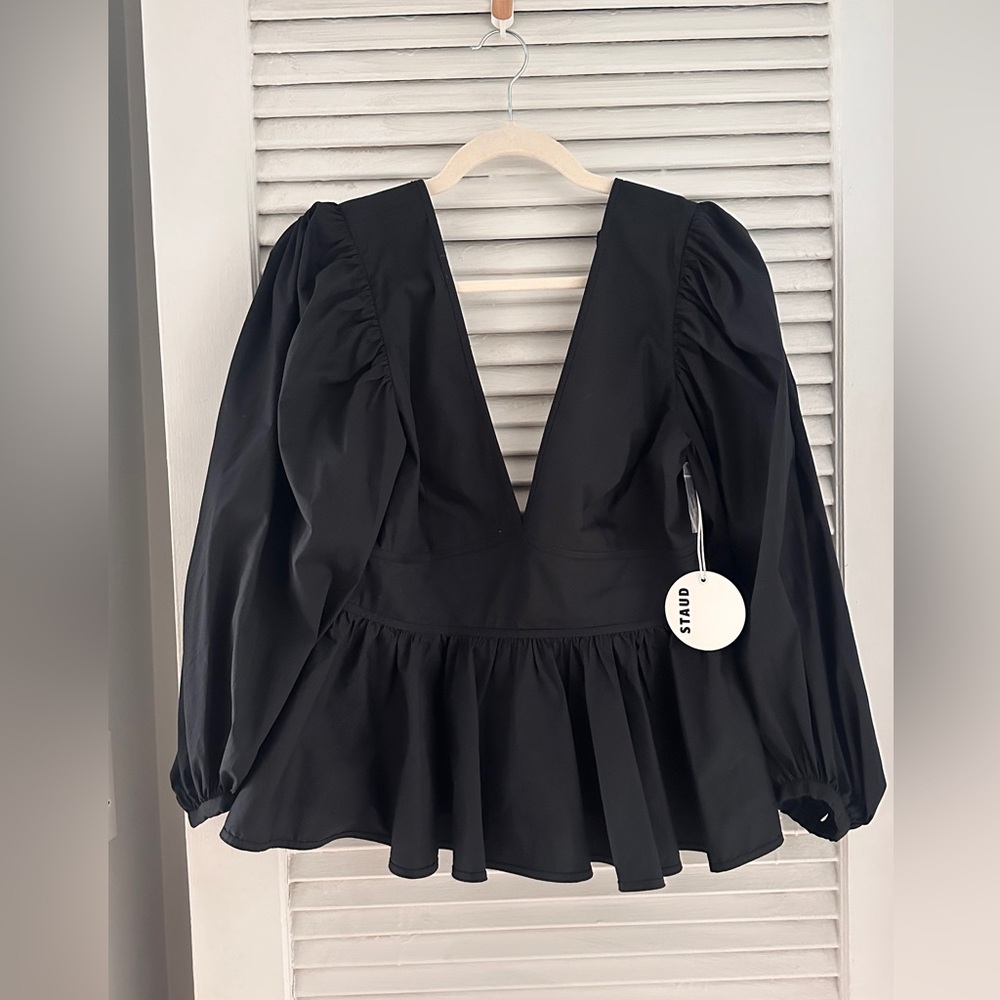 Staud Luna Deep V-Neck Peplum Top